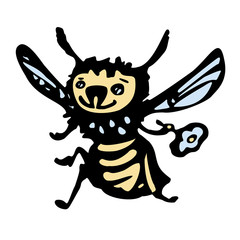 A cute wasp flies with a flower. Vector illustration in vintage style. Black outline. Isolated on a white background.