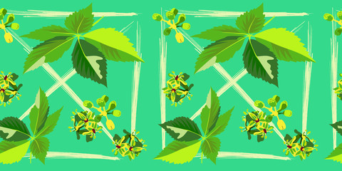 Seamless pattern with green buds of ivy and green leaves of vine on a blue green background with crosses and squares.