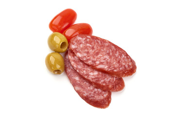 Dried Sausage slices, Dry-cured meat, isolated on white background
