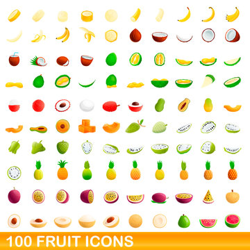 100 fruit icons set. Cartoon illustration of 100 fruit icons vector set isolated on white background