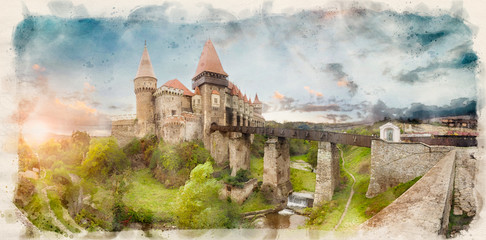 Corvin Castle, also known as Hunyad Castle or Hunedoara Castle is a Gothic-Renaissance castle in Hunedoara, in the region of Transylvania, Romania in watercolor style illustration © mitzo_bs