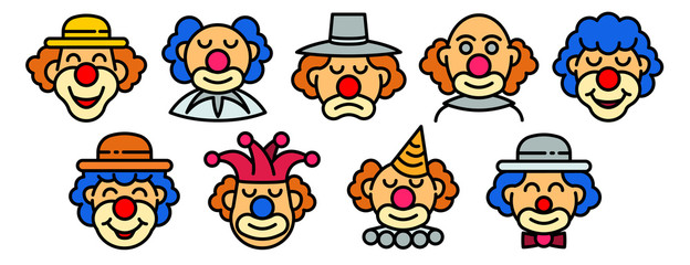 Clown icons set. Outline set of clown vector icons for web design isolated on white background