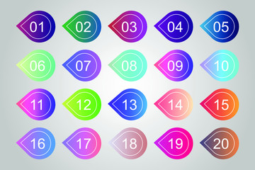 Super set arrow bullet point triangle flags on white background. Colorful gradient markers with number from 1 to 20. Modern vector illustration