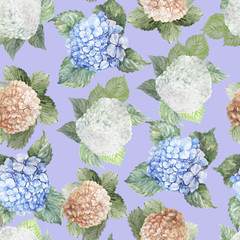 hydrangea white pink blue flowers pattern seamless watercolor print textile hand-drawn frame background greeting card label flowering spring