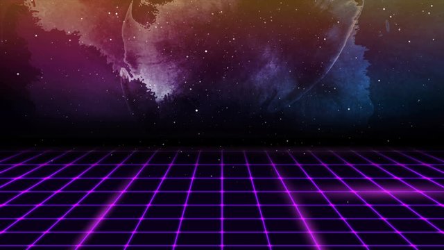 Retro futuristic 80s-90s abstract hi-tech neon motion background with grunge galaxy sky. Seamless looping. Video animation Ultra HD 4K 3840x2160