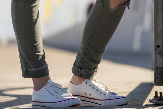 Woman Wearing White Sneakers