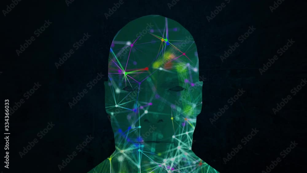 Poster abstract face and connection dots inside. technology background. network concept, 3d rendering
