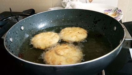 Indian special traditional matar or green peas Kachori served with tomato sauce and hot tea