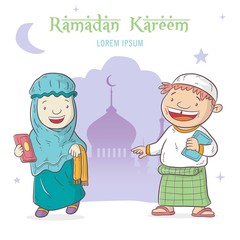 cute boy and girl cartoon go to the mosque to do tarawih prayer in the month of Ramadan, 