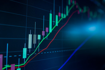 Blue Stock Exchange Market trading graph on screen monitor for economic and financial investment. Business analysis chart display. Stock invest infomation.