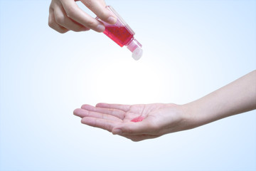 Squeeze Red hand Wash Gel on hands to Cleanup and protect Bacteria.  Hand of woman that applying alcohol gel to make cleaning and clear germ, bacteria, Health care concept. Isolated with Clipping path