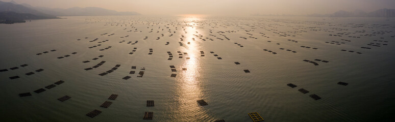 Fish farm with fish cages in Shenzhen Bay