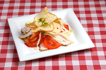 Caesar salad with grilled chicken and fresh tomatoes served on white plate on red plaid background.