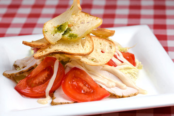 Caesar salad with grilled chicken and fresh tomatoes served on white plate on red plaid background.