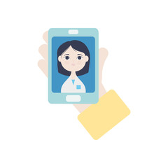 hand holding a smartphone with doctor online on screen, flat style