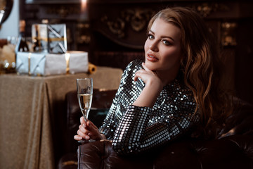 Girl's birthday or new year. Beautiful dress, balls, decor