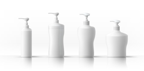 A set of white plastic bottles for sanitary and hygiene products. Object, shadow and reflection on separate layers. Vector EPS10