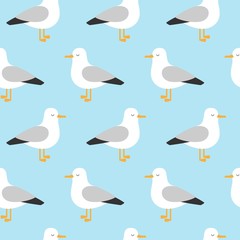 cute seamless pattern of seagulls in flat style isolated on blue water, vector sea bird illustration, for children