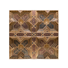 Ornament, ceiling decoration made of wood of different grades, isolated on a white background.
