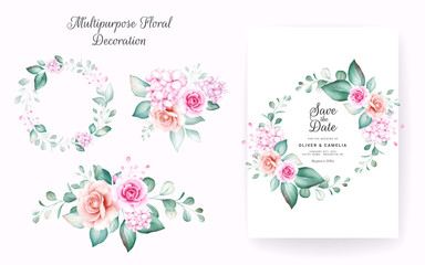 Set of watercolor floral wreath and bouquets. Botanic decoration illustration of peach roses, leaves, branches. Botanic elements for wedding or greeting card design vector