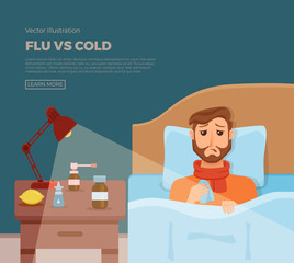Sick men in bed with the symptoms of  cold, flu. Cartoon vector character on pillow with blanket and scarf, medicine, lemon, thermometer. Illustration of unhealthy guy with a high fever, headache.