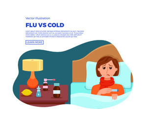 Sick girl in bed with the symptoms of  cold, flu. Cartoon vector character on pillow with blanket and scarf, medicine, lemon, thermometer. Illustration of unhealthy woman with a high fever, headache.