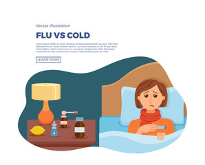 Sick girl in bed with the symptoms of  cold, flu. Cartoon vector character on pillow with blanket and scarf, medicine, lemon, thermometer. Illustration of unhealthy woman with a high fever, headache.