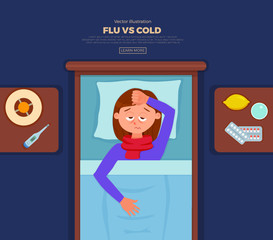 Sick girl in bed with the symptoms of  cold, flu. Cartoon vector character on pillow with blanket and scarf, medicine, lemon, thermometer. Illustration of unhealthy woman with a high fever, headache.