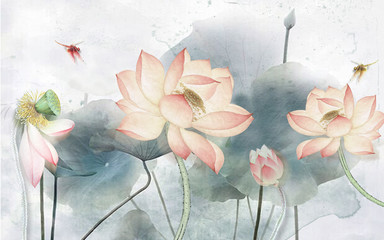 Fototapety  ilustracja 3d, jasne tło, duże różowe lilie wodne z ciemnymi liśćmi, dwie kolorowe ważki