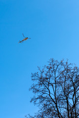 Helicopter and tree on a background of blue sky