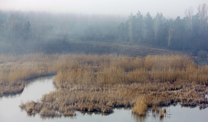 Fototapeta premium lake in the fog in the early morning