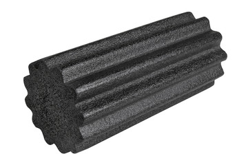 black roller with ribs, for Pilates, yoga or fitness, on a white background, exercises for massage and muscle relaxation