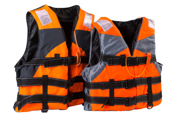 two orange life jackets, stand in a row, child and adult life jackets, concept, on a white...