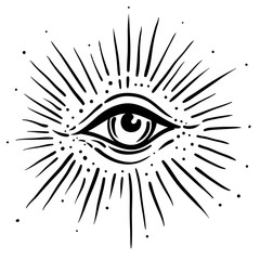 Blackwork tattoo flash. Eye of Providence. Masonic symbol. All seeing eye inside triangle pyramid. New World Order. Sacred geometry, religion, spirituality, occultism. Isolated vector illustration