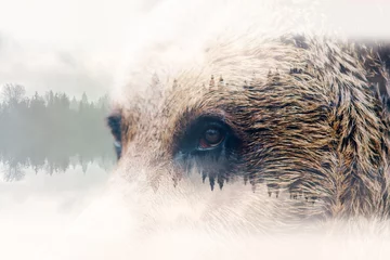 Foto op Canvas Minimal stile double exposure with a bear and forest © belyaaa