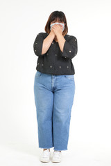 Fat Asian women wear masks to protect against coronavirus. Obesity health concept. white background