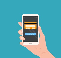 Mobile payment concept hand holding smartphone with credit card and button on the screen