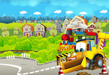 Cartoon funny looking train on the train station near the city and excavator digger car driving and plane flying - illustration