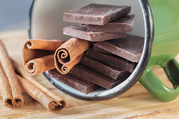 Dark chocolate pieces in a green cup