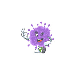 A joyful coronavirus influenza mascot design showing his two fingers