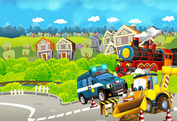 Obraz na płótnie Canvas Cartoon funny looking train on the train station near the city and excavator digger car driving and plane flying - illustration