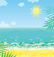 Fototapeta na wymiar Colorful summer landscape with green palm branches over a golden sandy beach of a desert island in a tropical sea on a warm sunny day, vector cartoon illustration