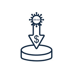 covid virus symbol and financial arrow down with money coin icon, line style