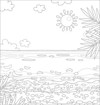 Summer landscape with palm branches over a sandy beach of a desert island in a tropical sea on a warm sunny day, black and white vector cartoon illustration