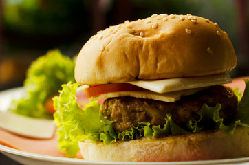 Tasty Homemade Pork Burger for breakfast food and drinks backgrounds