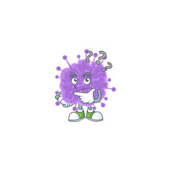 Cute coronavirus influenza cartoon character using a microphone