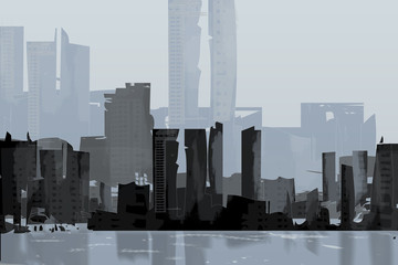 Sketching picture of buildings in big city, computer generated image of cityscape