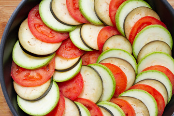 Close up of egetables prepared for making ratatouille