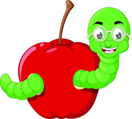 Funny Freen Worm Wear White Eyeglasses inside a Red Apple Cartoon