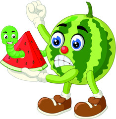 Angry Green Watermelon With Green Worm Cartoon